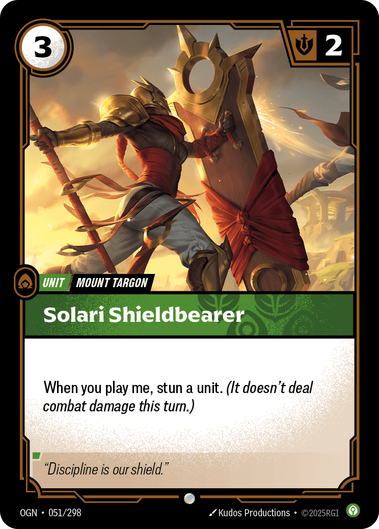 Solari Shieldbearer — Riftbound Unit: Solari Shieldbearer. When you play me, stun a unit. (It doesn't deal combat damage this turn.)