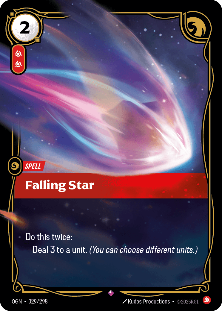 Falling Star — Riftbound Spell: Falling Star. Deal 3 to a unit.
Deal 3 to a unit.